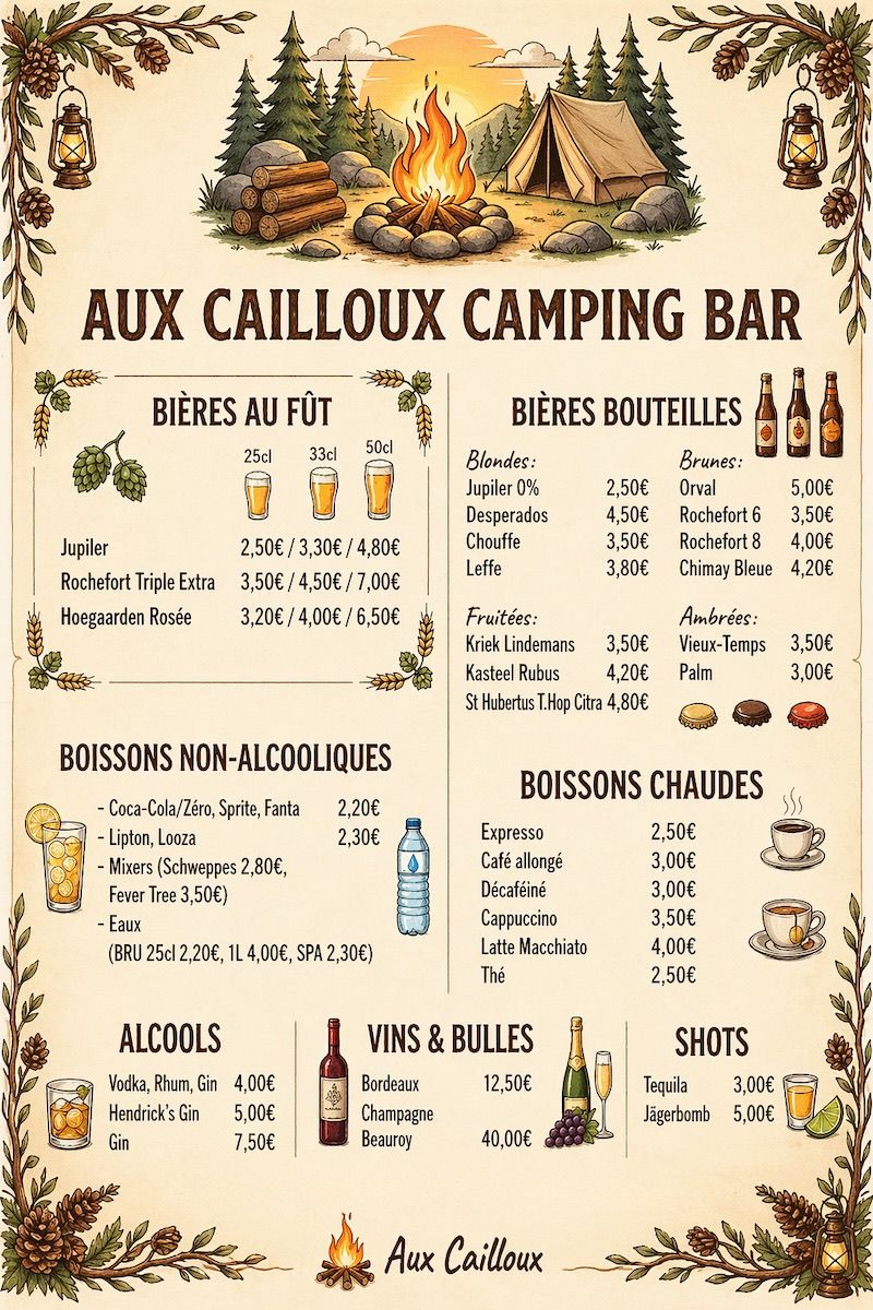 Carte du bar-restaurant du Camping aux Cailloux