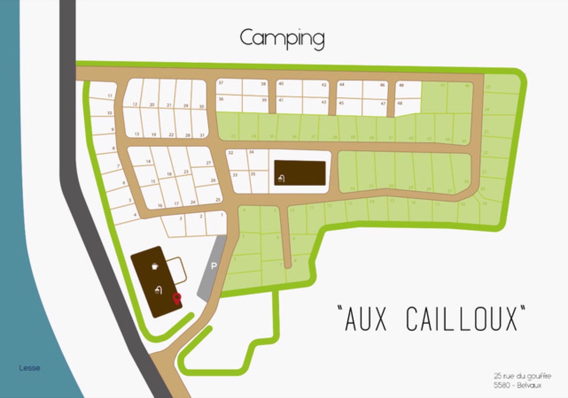 Plan du Camping aux Cailloux avec emplacements, sanitaires, bar et accueil
